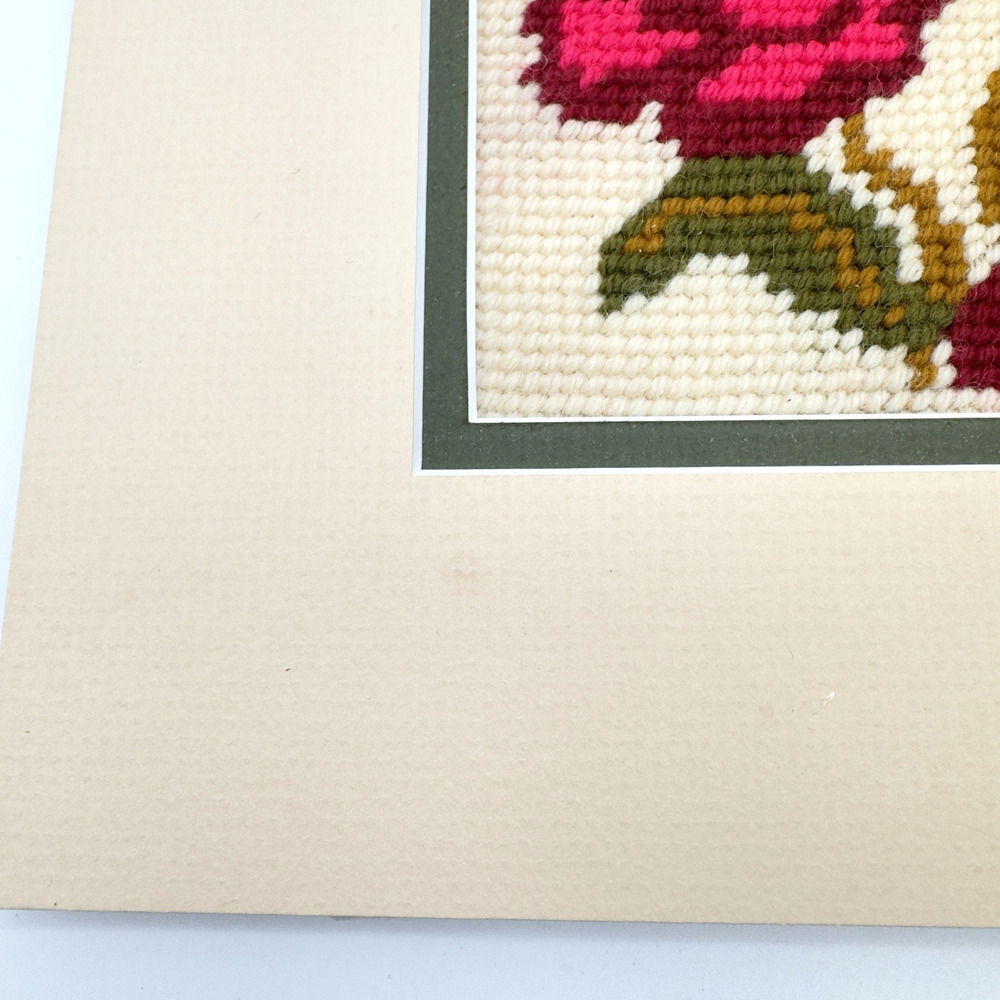 Vintage Completed Needlepoint Wall Art Flowers Girl 1970s Matted 12.5"x 14.25" - Picture 2 of 8